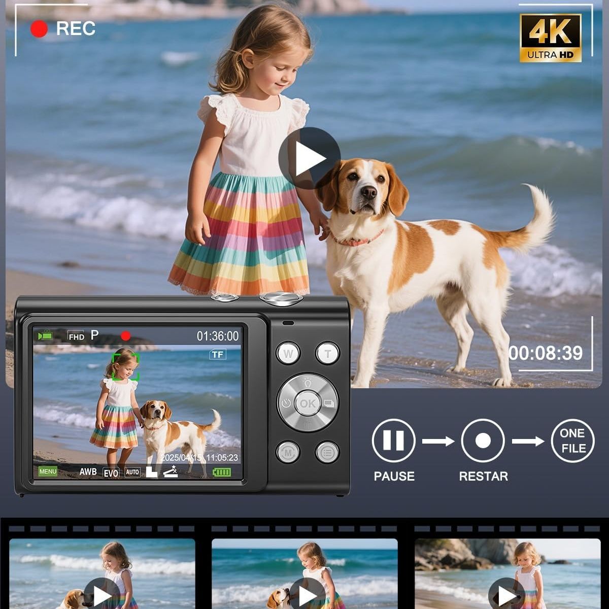 RENVMEXY - Cámara Digital Negra 4K 48MP Profesional Zoom 16X + 64GB
