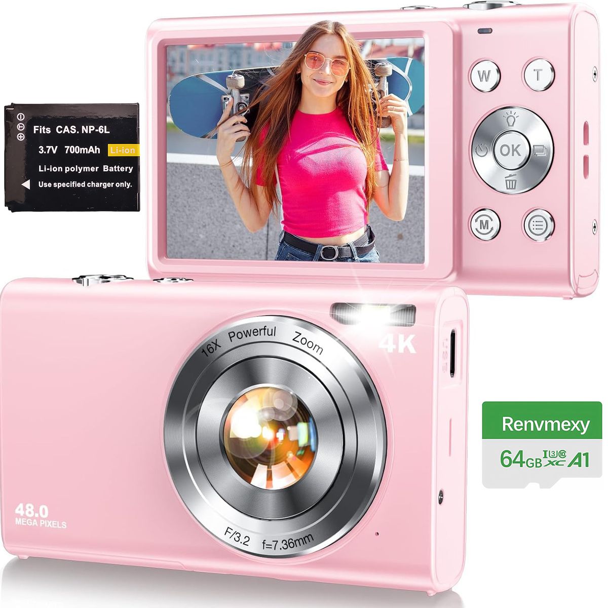 RENVMEXY - Cámara Rosa 48MP Selfies + 16 Filtros Fácil de Usar 64GB