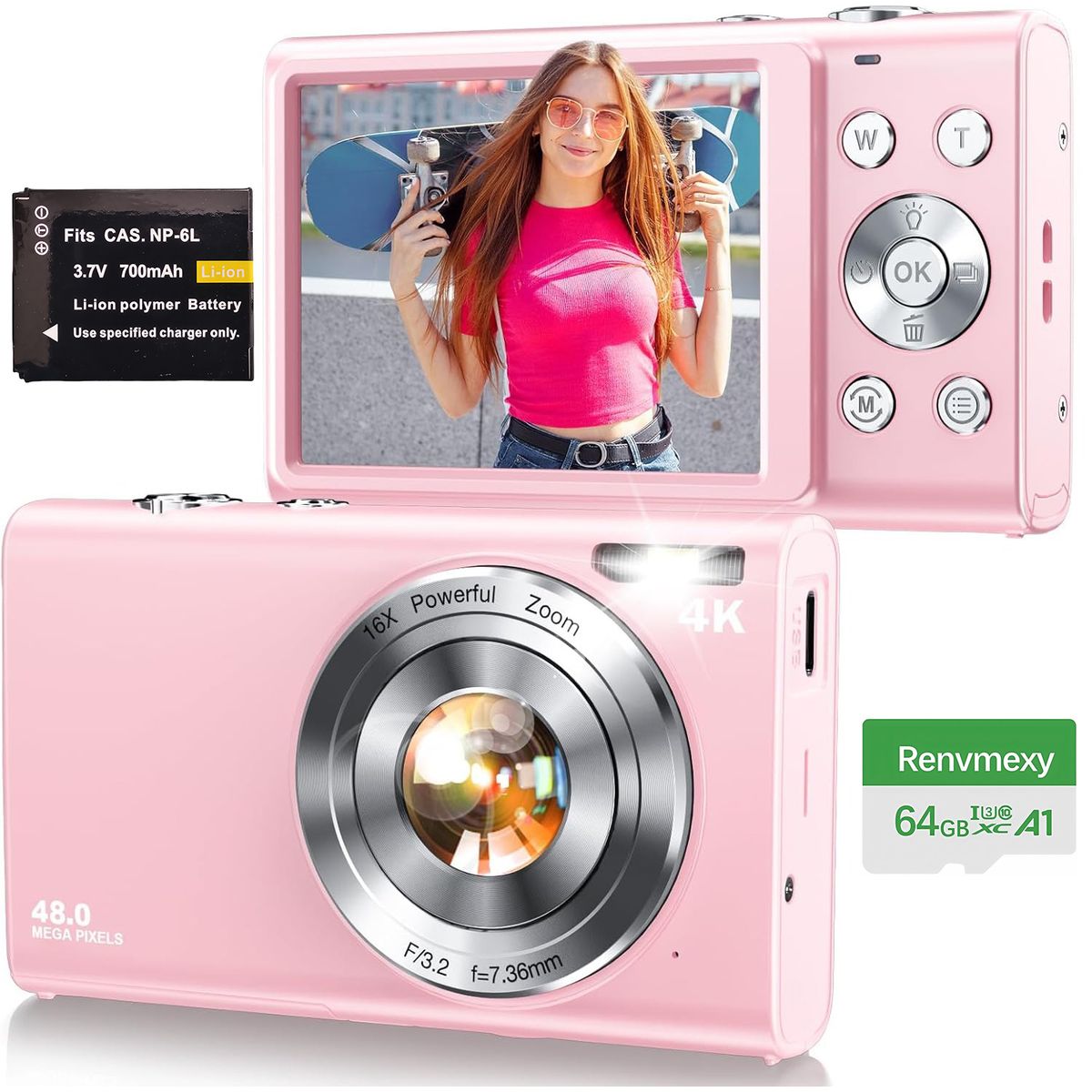 RENVMEXY - Cámara Rosa 48MP Selfies + 16 Filtros Fácil de Usar 64GB