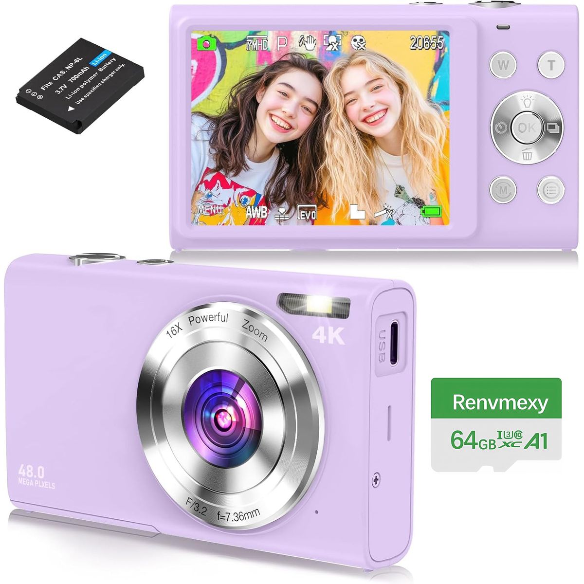 RENVMEXY - Cámara Digital Morada 4K Creativa Zoom Digital 64GB