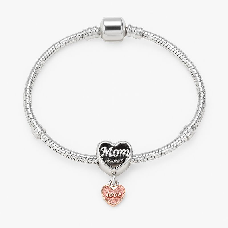 GENERICO - Pulsera Bañado de Plata con Dije Doble Corazón “Mom”