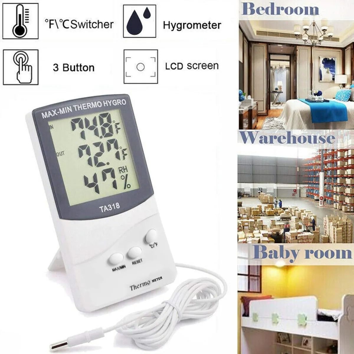 GENERICO - Termómetro Higrómetro Digital Exterior-interior Ta318 Sonda