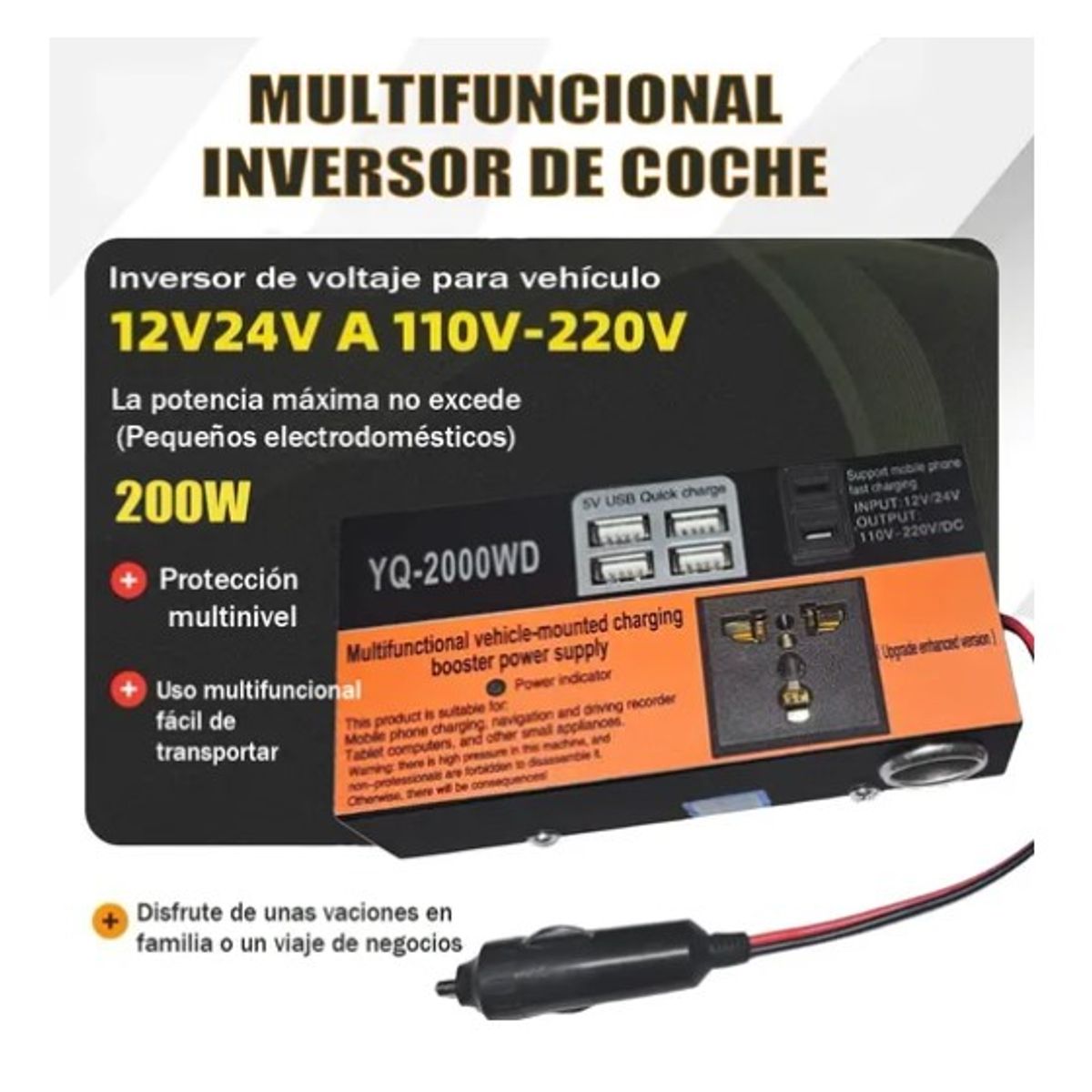 OFERTABKN - Inversor De Voltaje Auto Convertidor Corriente 200w 12v-220v