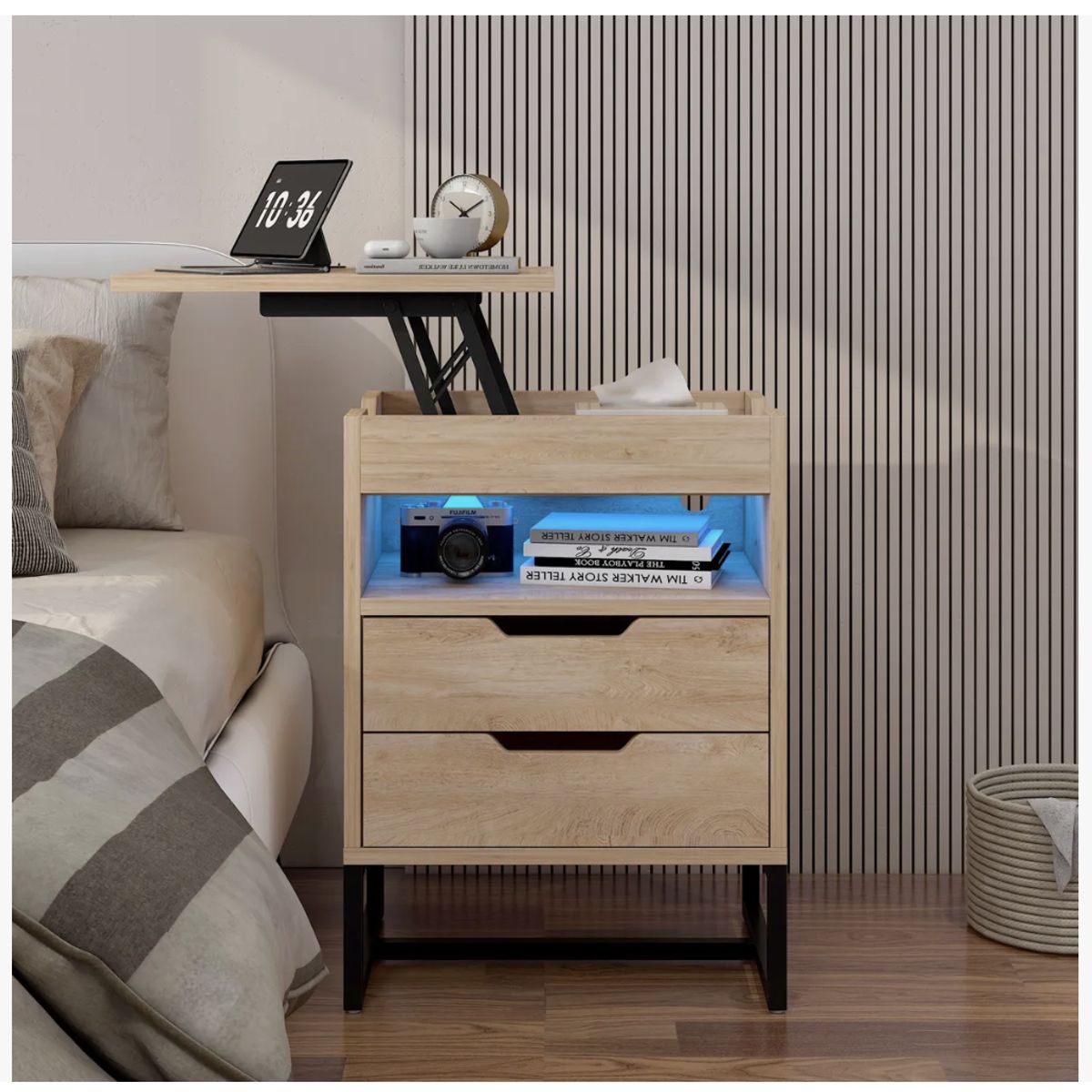 HOMER DESIGN - Velador Elevable Con Luz Y Echufe 2 Tiras 45x35x70cm