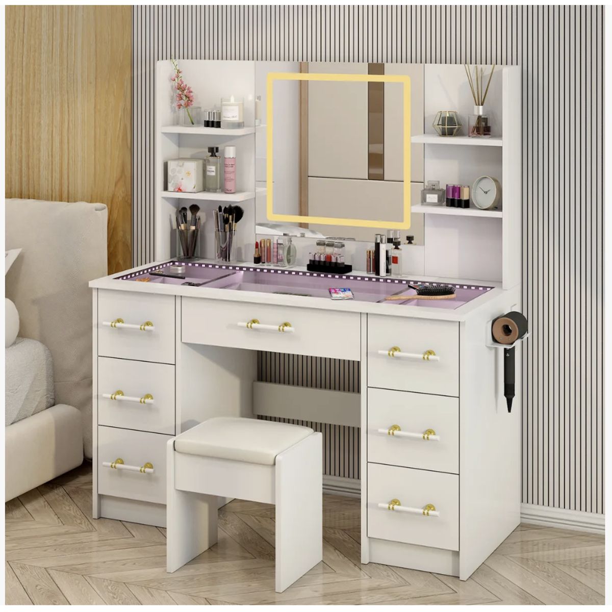 HOMER DESIGN - Tocador Espejo Con Luz Taburete Enchufe Repisa De Vidrio