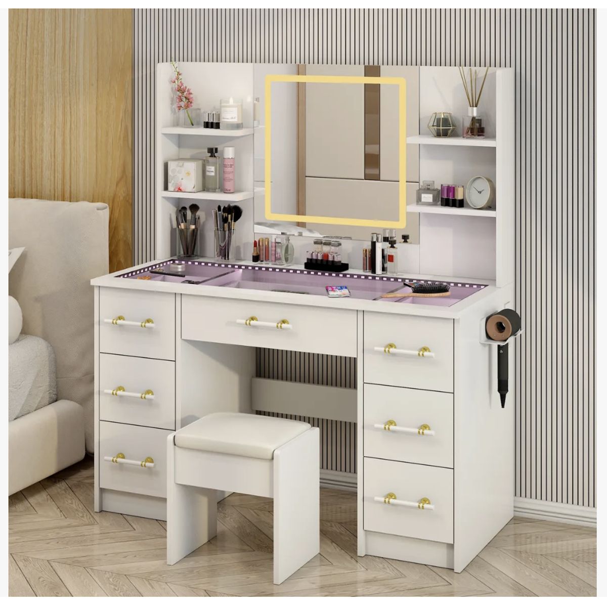 HOMER DESIGN - Tocador Espejo Con Luz Taburete Enchufe Repisa De Vidrio