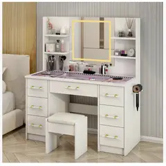 HOMER DESIGN - Tocador Espejo Con Luz Taburete Enchufe Repisa De Vidrio