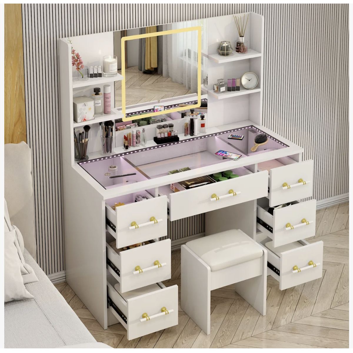 HOMER DESIGN - Tocador Espejo Con Luz Taburete Enchufe Repisa De Vidrio