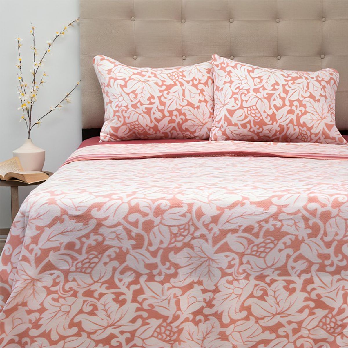 DORAL - Sábanas de Polar Composé King  Hojas Coral Blanco  Doral