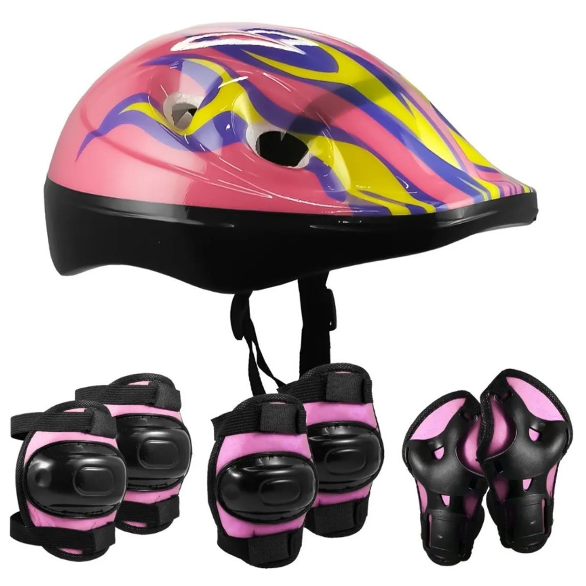 GENERICO - Casco + Set Protección Rodilleras Coderas Muñequeras Color Rosa
