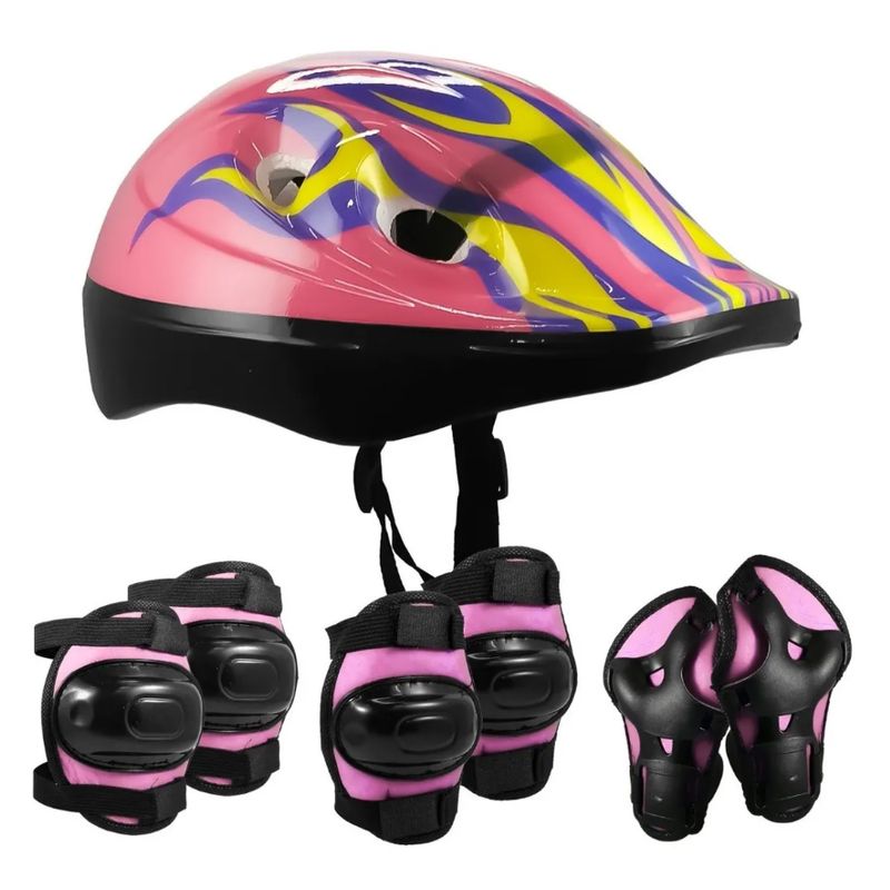 GENERICO - Casco + Set Protección Rodilleras Coderas Muñequeras Color Rosa