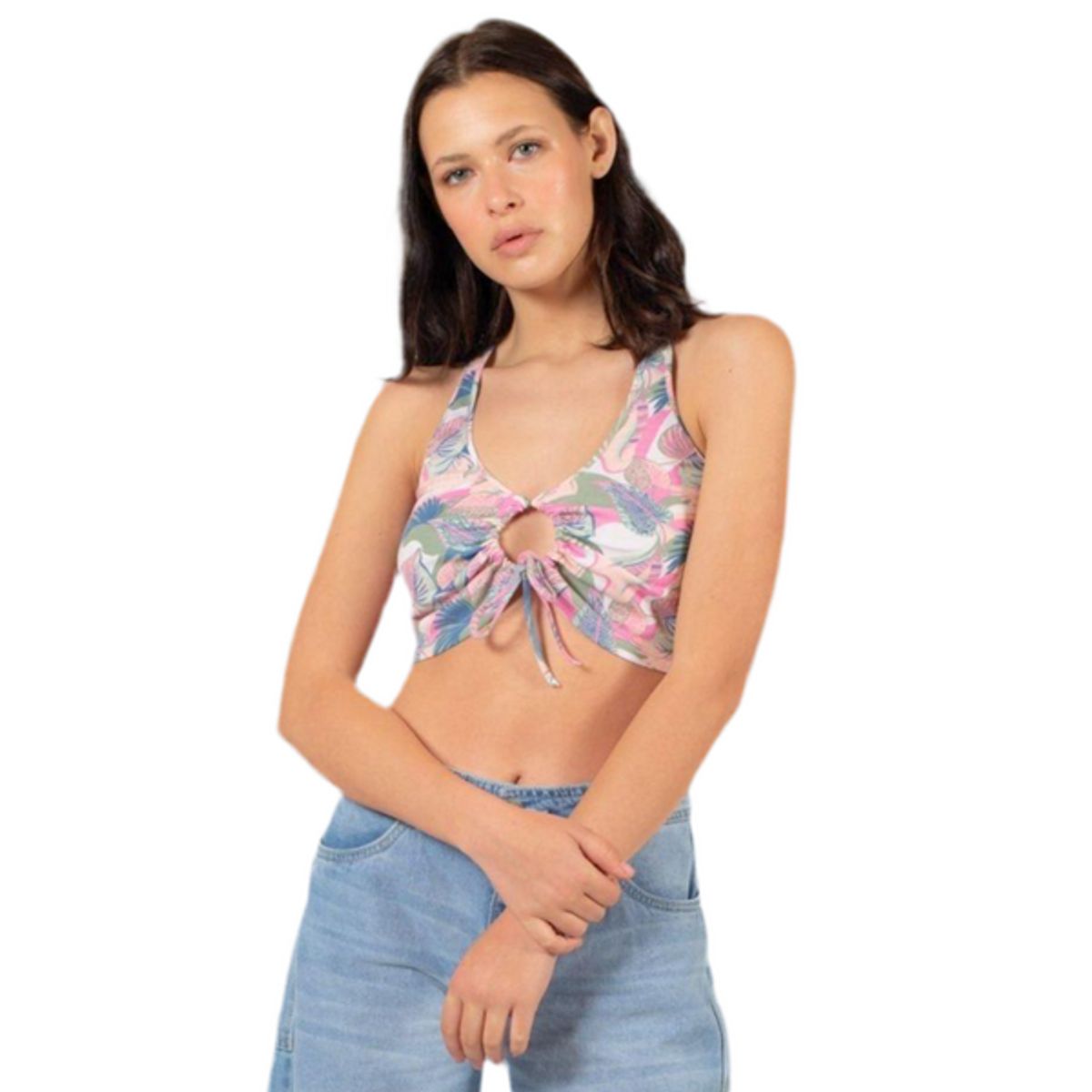 ME QUIERE MUCHO POQUITO NADA - Peto Tropical Estampado Rosa con Escote en V - Adriana - MQM