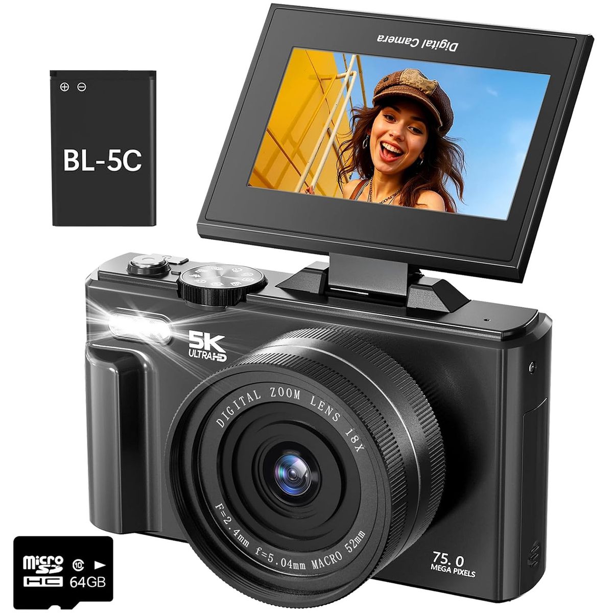 RENVMEXY - Cámara Digital 5K WiFi para Selfies 75MP Autofoco y Modo Belleza