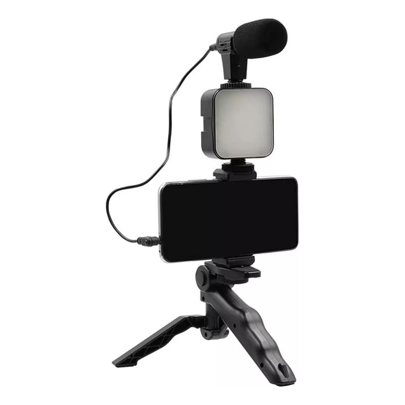 GENERICO - Estabilizador Celular Kit Grabación Trípode Micrófono Led Color Negro