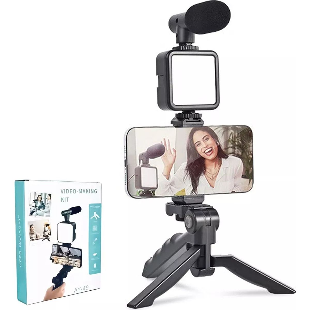 GENERICO - Estabilizador Celular Kit Grabación Trípode Micrófono Led Color Negro