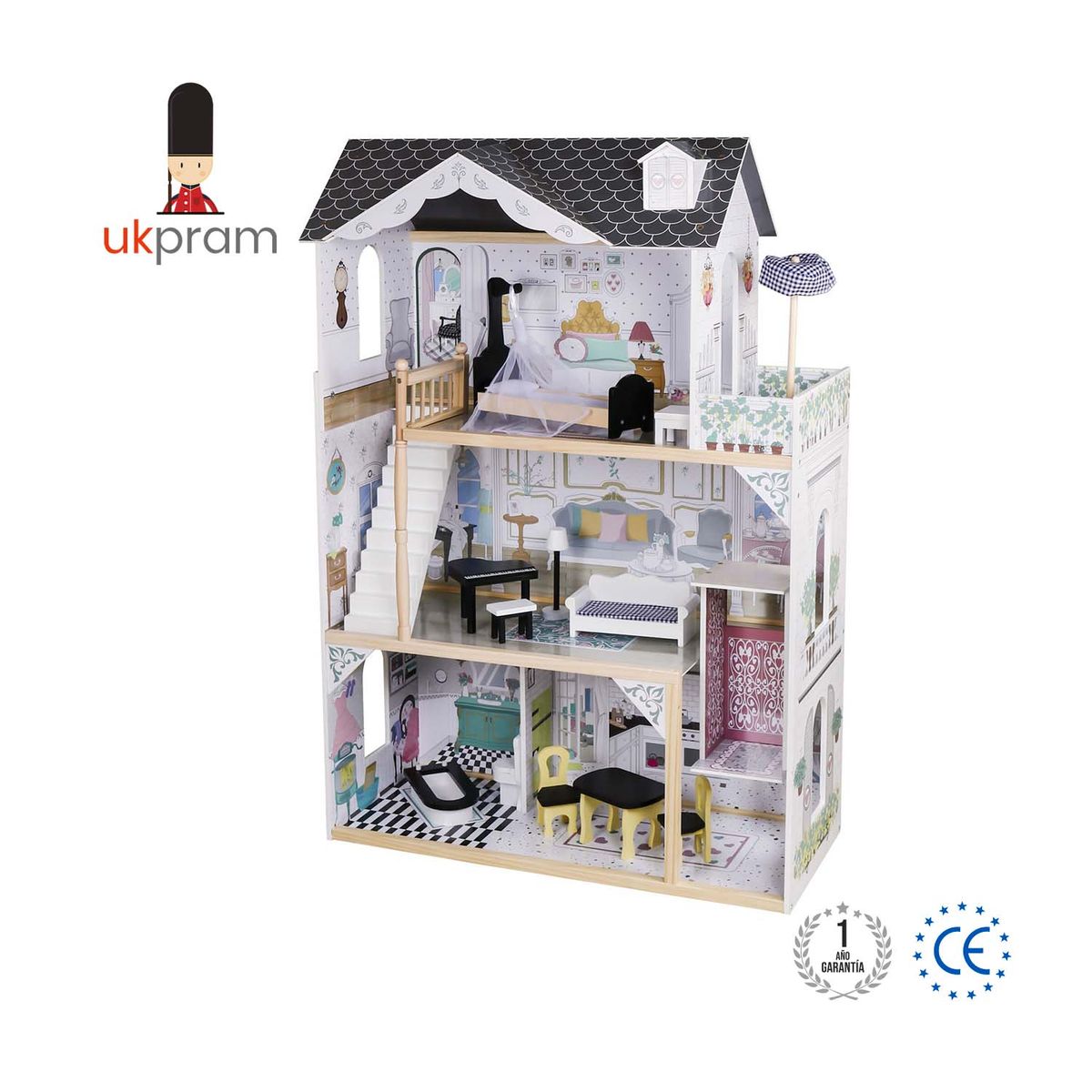 UKPRAM - Casa de Muñecas Victoriana XL con 3 Pisos y 12 Muebles