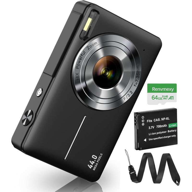 RENVMEXY - Regalo Cámara Niños 44MP + 64GB - Negro con Zoom 16X y Video