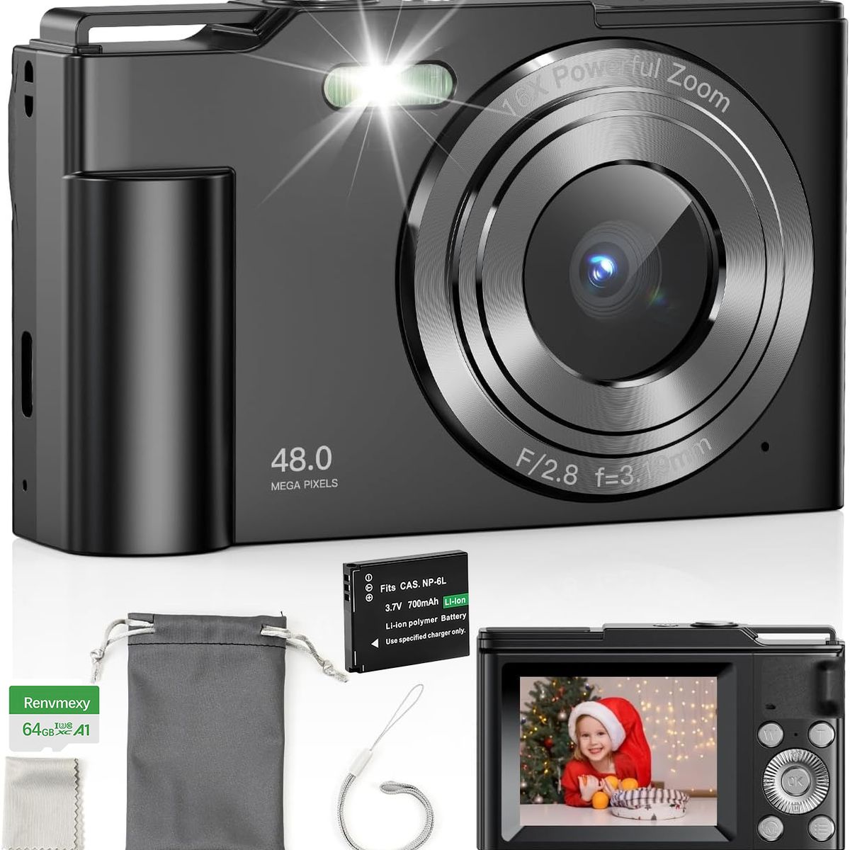 RENVMEXY - Regalo Cámara Niños 44MP + 64GB - Negro con Zoom 16X y Video