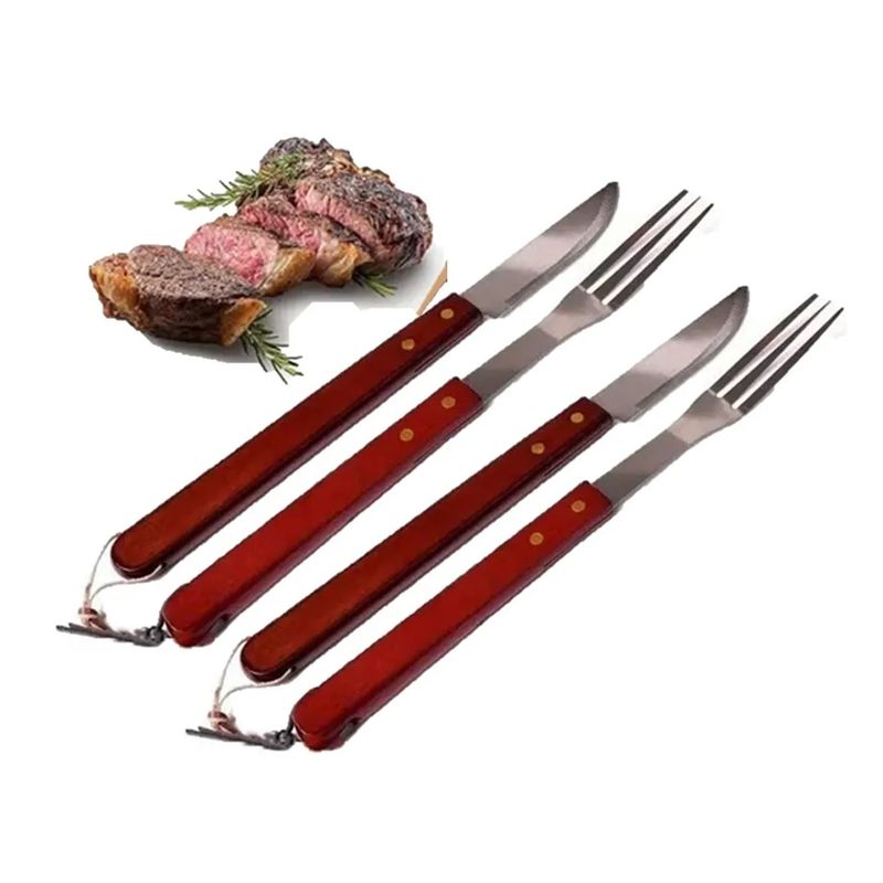 GENERICO - Pack X2 Set Parrillero Para Asado Cuchillo Tenedor Acero Inoxidable