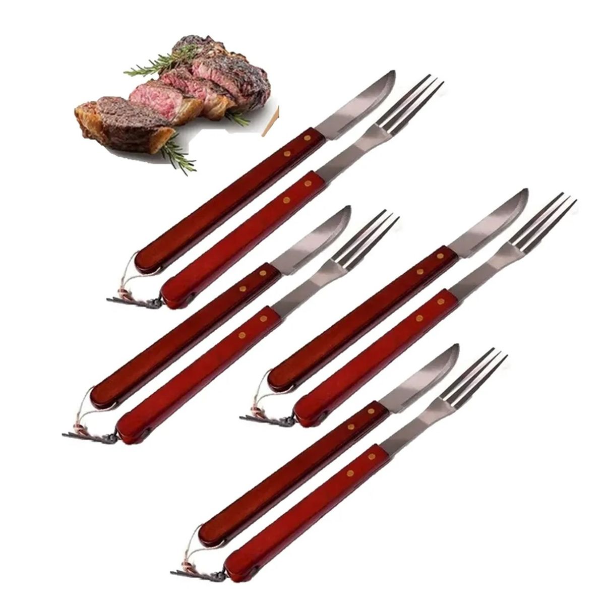 GENERICO - Pack X4 Set Parrillero Para Asado Cuchillo Tenedor Acero Inoxidable