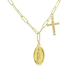 TIANA JOYAS - Collar Religioso Cruz y medalla de Virgen de Plata 925 baño en Oro 18k