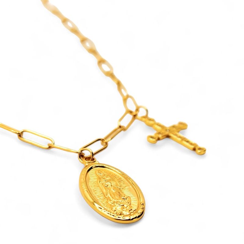 TIANA JOYAS - Collar Religioso Cruz y medalla de Virgen de Plata 925 baño en Oro 18k