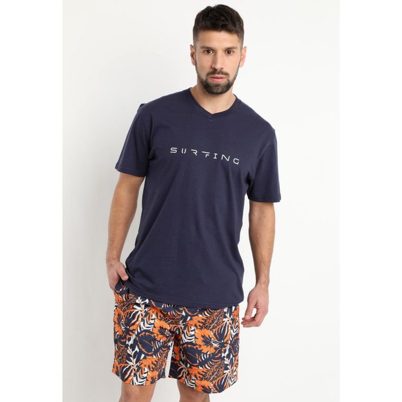 KOTTING - Polera Jersey Estampada Cuello V Azul Marino KOTTING