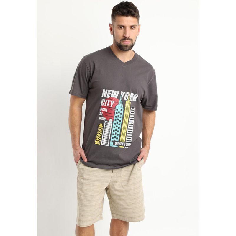 KOTTING - Polera Jersey Estampada Cuello V Gris Oscuro KOTTING