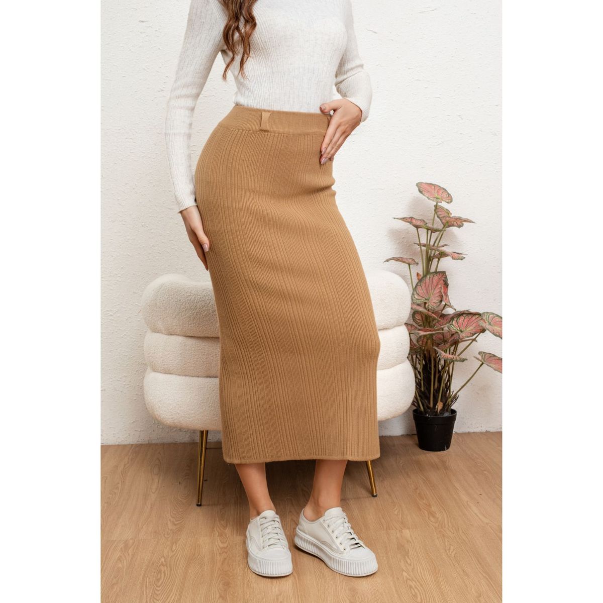 LIKE SHOP - Falda Larga Mujer Lanilla Acanalada Full Elasticada Lisa 5059