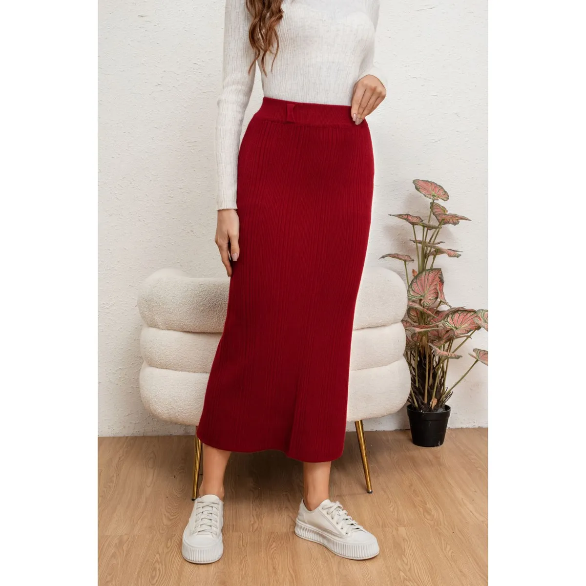 LIKE SHOP - Falda Larga Mujer Lanilla Acanalada Full Elasticada Lisa 5059