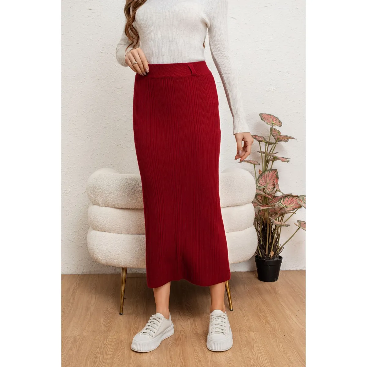 LIKE SHOP - Falda Larga Mujer Lanilla Acanalada Full Elasticada Lisa 5059