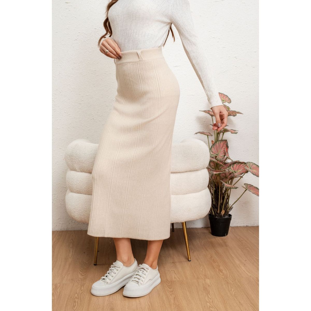 LIKE SHOP - Falda Larga Mujer Lanilla Acanalada Full Elasticada Lisa 5059