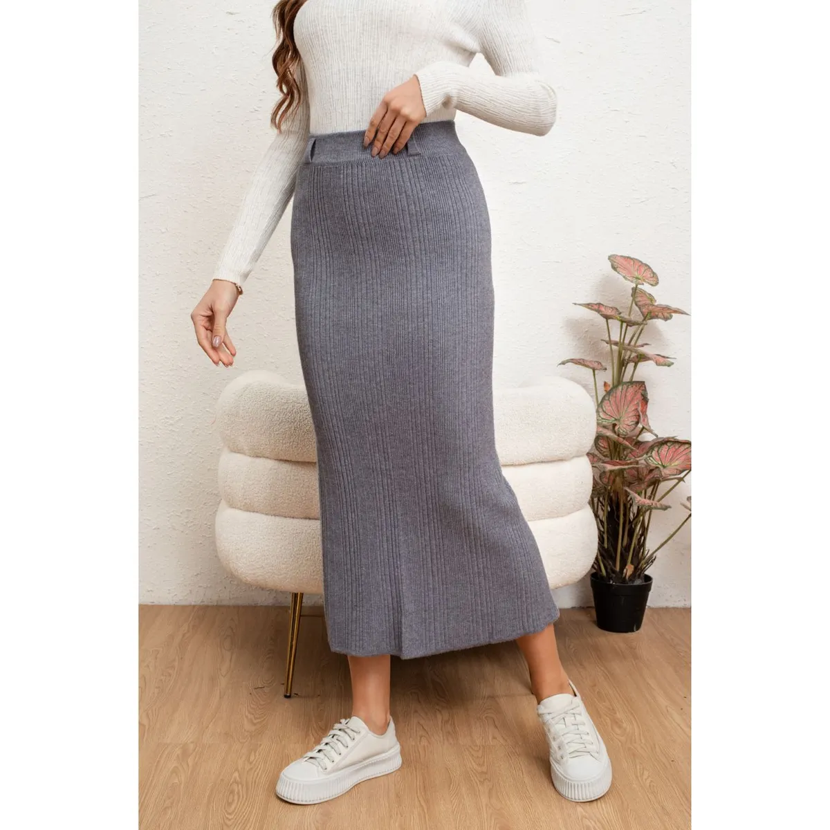 LIKE SHOP - Falda Larga Mujer Lanilla Acanalada Full Elasticada Lisa 5059