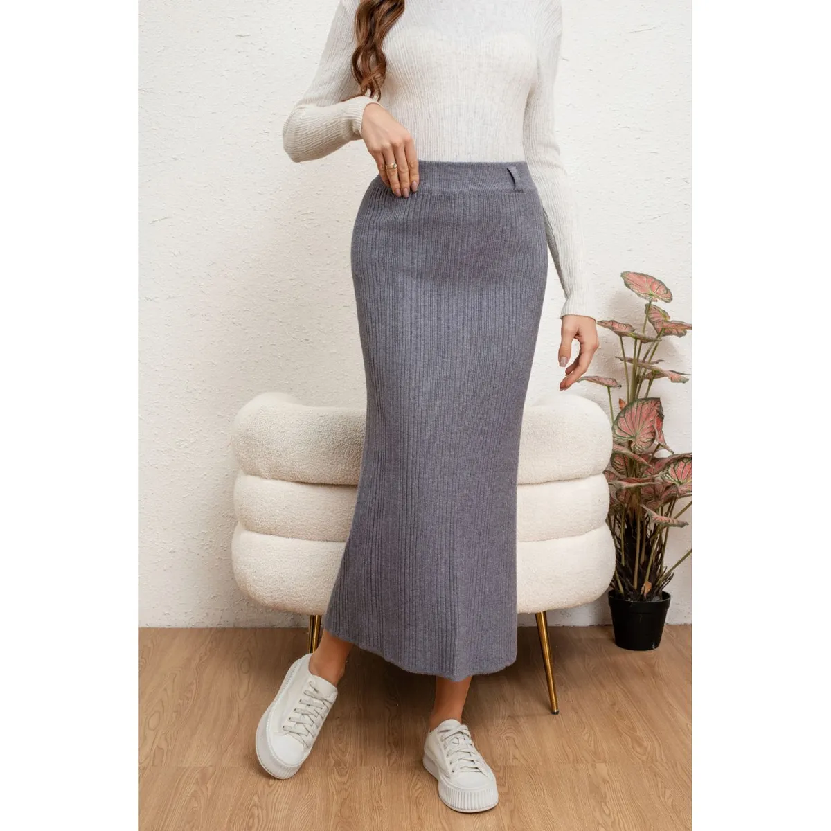 LIKE SHOP - Falda Larga Mujer Lanilla Acanalada Full Elasticada Lisa 5059
