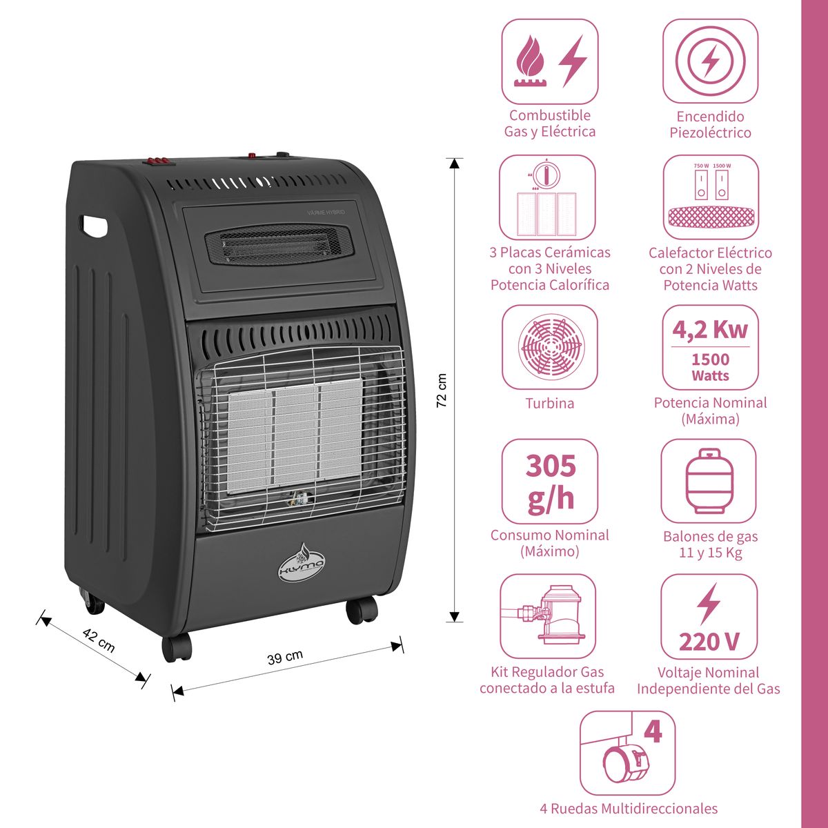 KLYMA - Estufa a Gas Hibrida 15 Kg 4.2Kw 1500W VARME HYBRID Black…