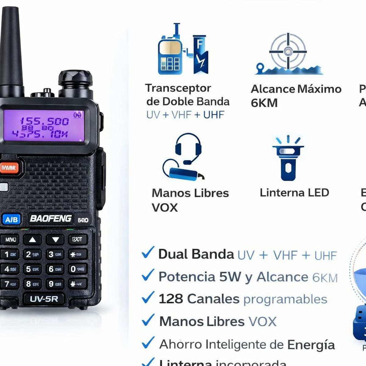 BAOFENG - Walkie Talkie Baofeng  Dual Banda Con Manos Libres Alcance 6KM Radio Portatil Profesional