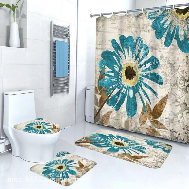 GENERICO - SET de baño COMPLETO 4 piezas CON DISEÑO FLOR TURQUESA 10 WM