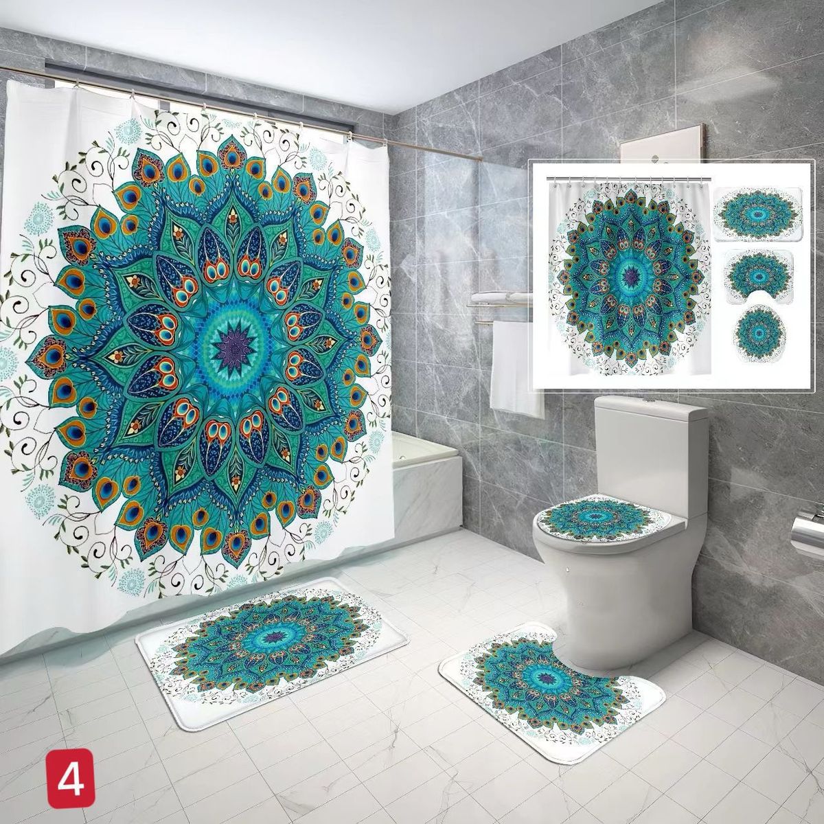 GENERICO - SET de baño COMPLETO 4 piezas CON DISEÑO FLOR TURQUESA 4 WM