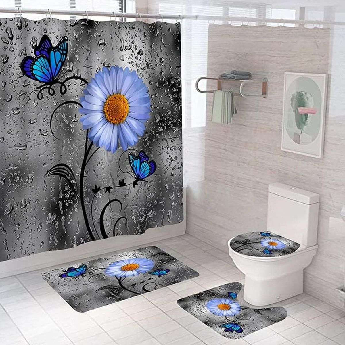 GENERICO - SET de baño COMPLETO 4 piezas CON DISEÑO GRIS FLOR MARIPOSA WM