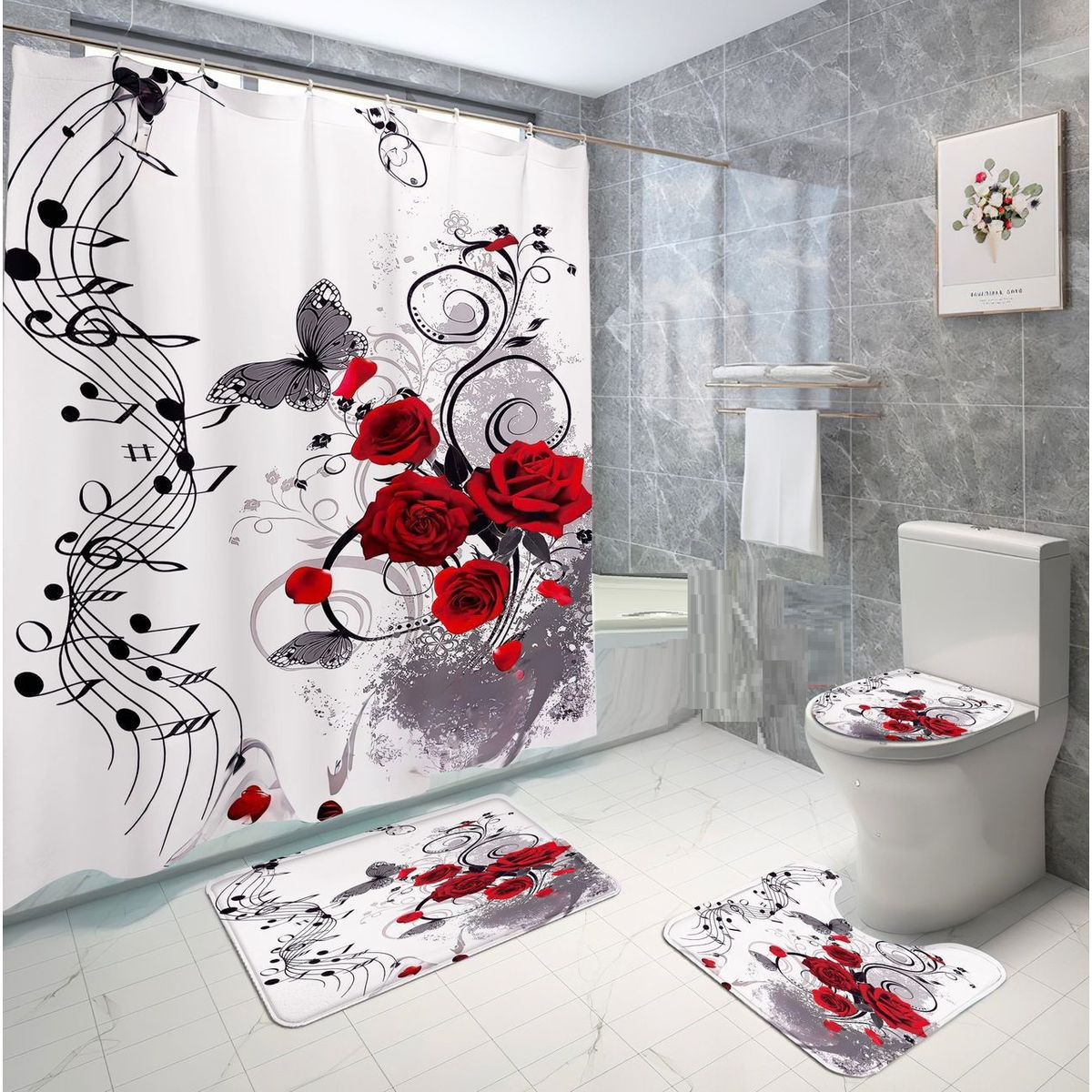 GENERICO - SET de baño COMPLETO 4 piezas CON DISEÑO ROSA ROJA NOTA MUSICAL WM