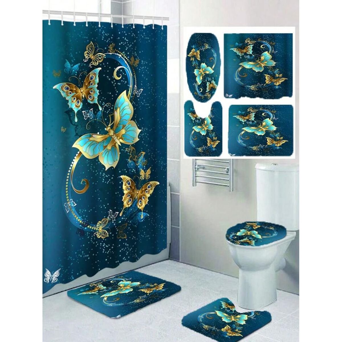 GENERICO - SET de baño COMPLETO 4 piezas CON DISEÑO AZUL MARIPOSA WM