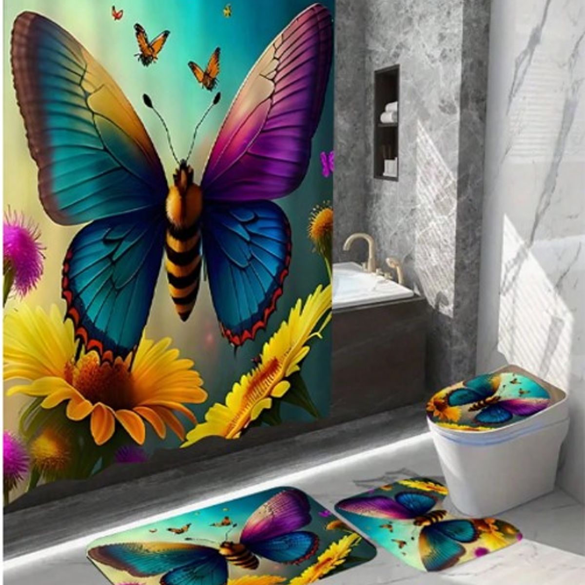 GENERICO - SET de baño COMPLETO 4 piezas CON DISEÑO MARIPOSA MULTICOLOR WM