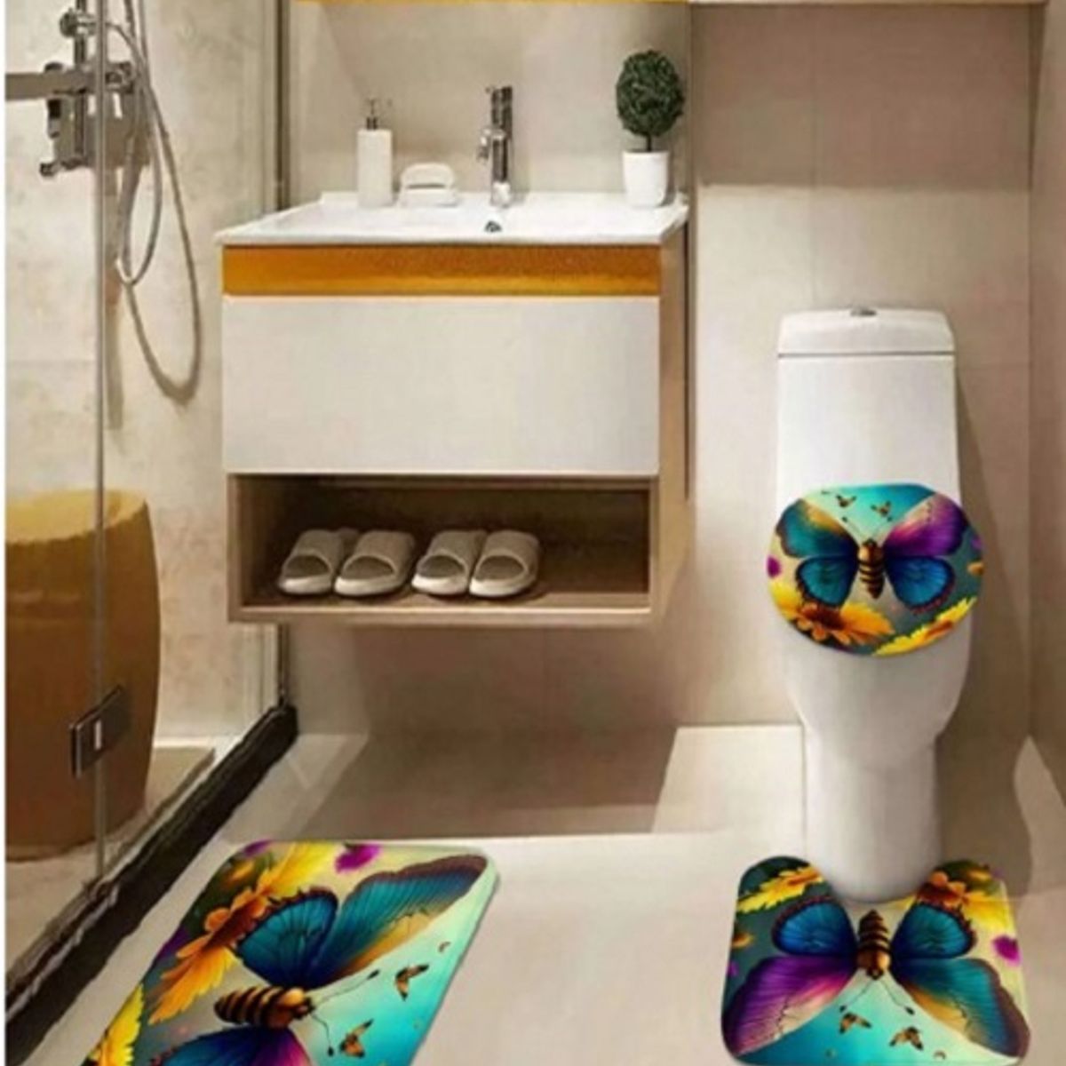 GENERICO - SET de baño COMPLETO 4 piezas CON DISEÑO MARIPOSA MULTICOLOR WM