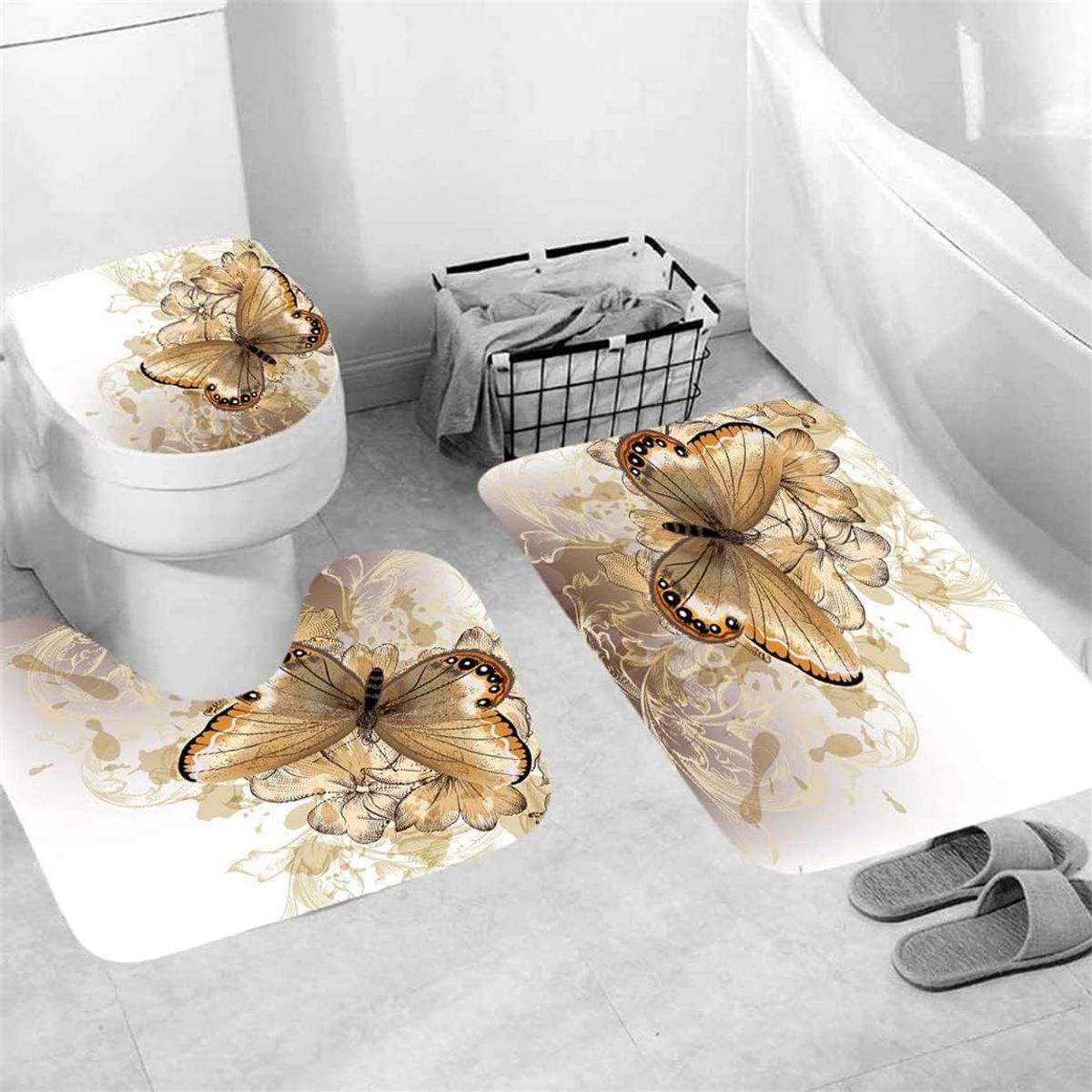 GENERICO - SET de baño COMPLETO 4 piezas CON DISEÑO MARIPOSA DORADA WM
