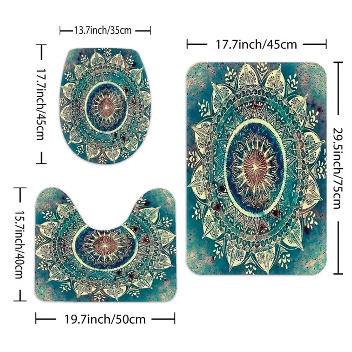 GENERICO - SET de baño COMPLETO 4 piezas CON DISEÑO FLOR MANDALA TURQUESA WM