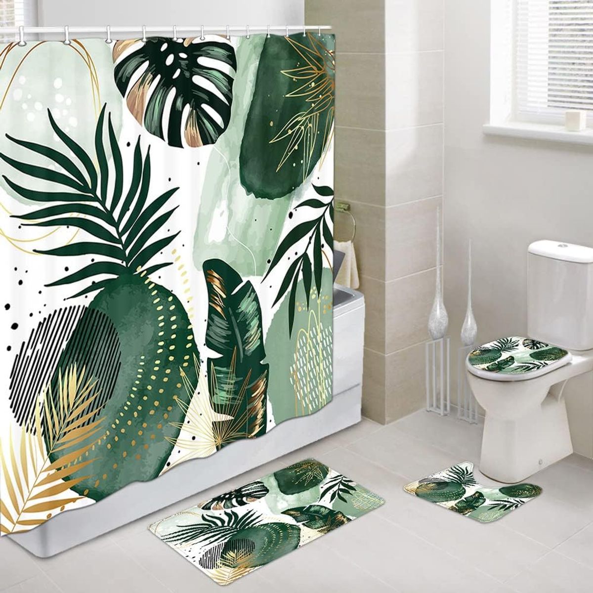 GENERICO - SET de baño COMPLETO 4 piezas CON DISEÑO HOJAS VERDES WM