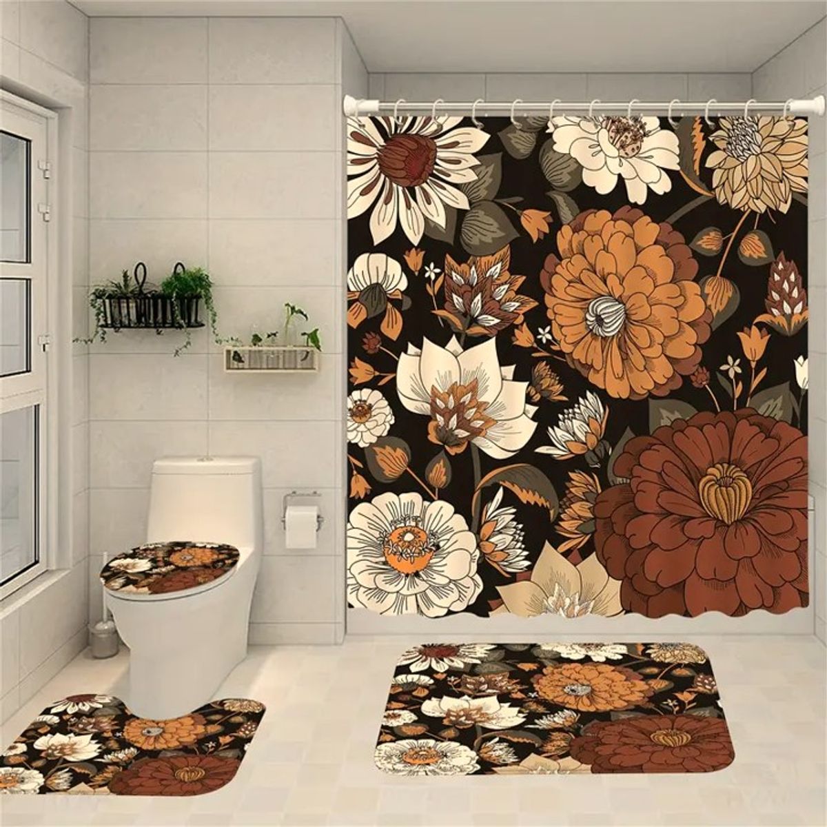 GENERICO - SET de baño COMPLETO 4 piezas CON DISEÑO NEGRO FLORES WM