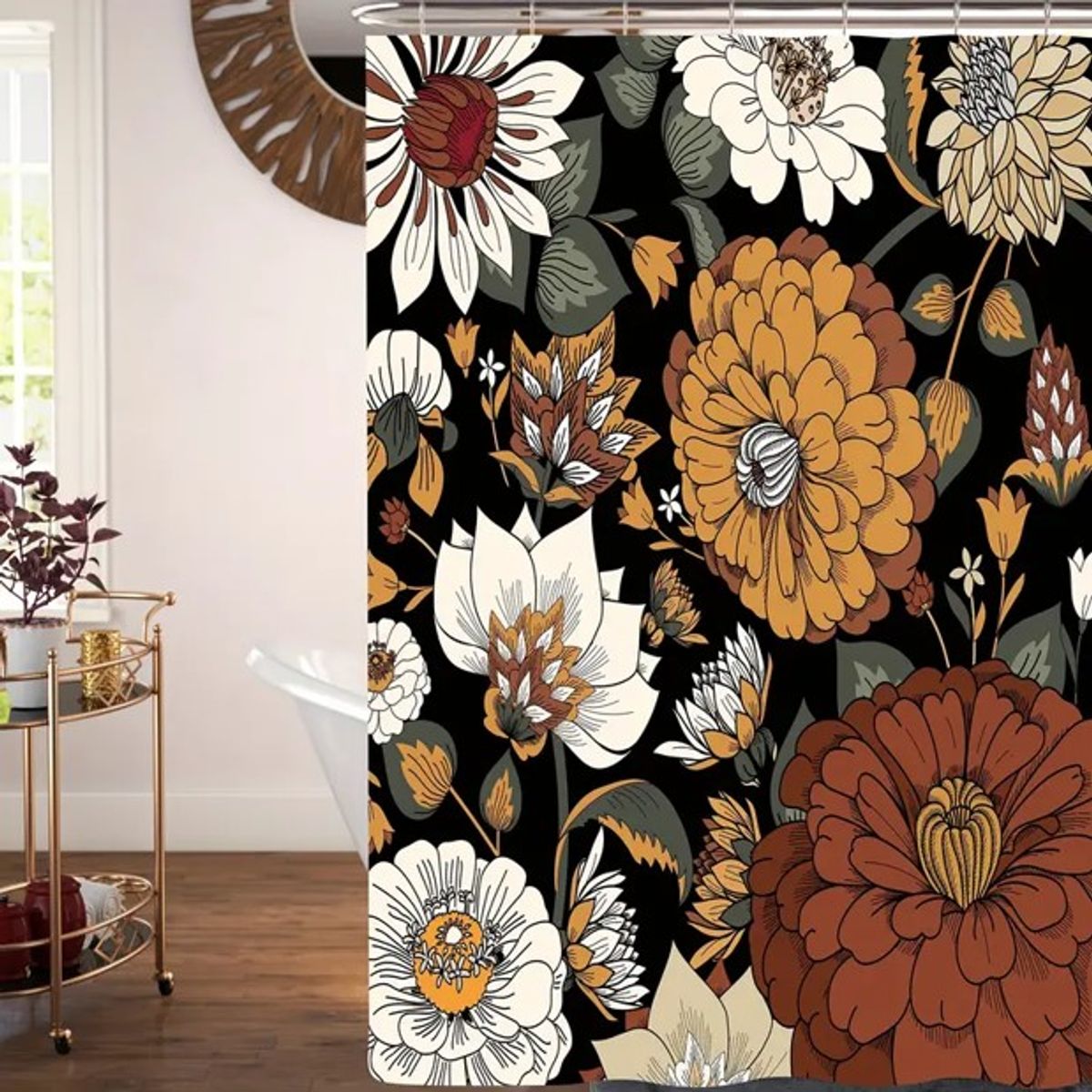 GENERICO - SET de baño COMPLETO 4 piezas CON DISEÑO NEGRO FLORES WM