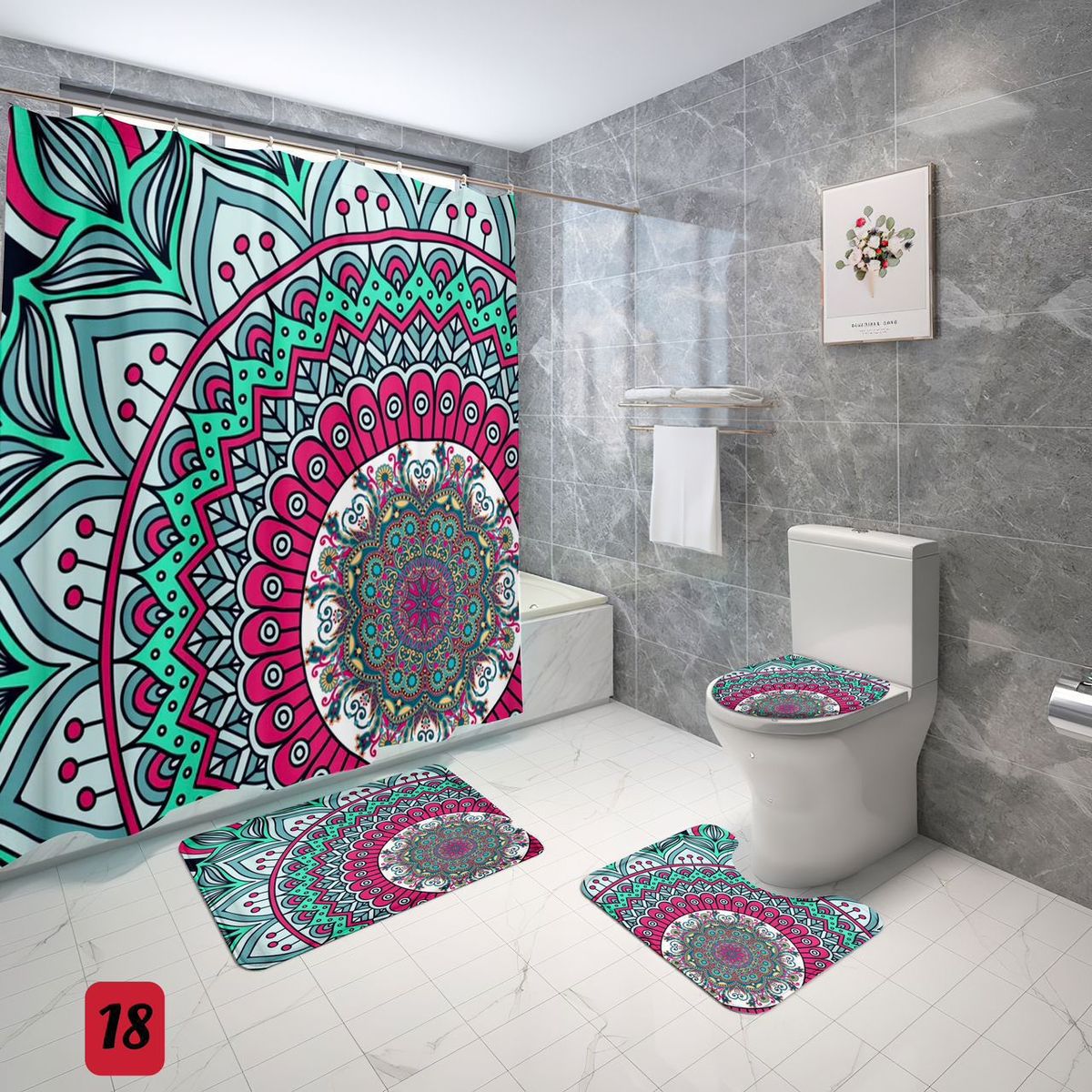GENERICO - SET de baño COMPLETO 4 piezas CON DISEÑO FLOR MANDALA MULTICOLOR WM