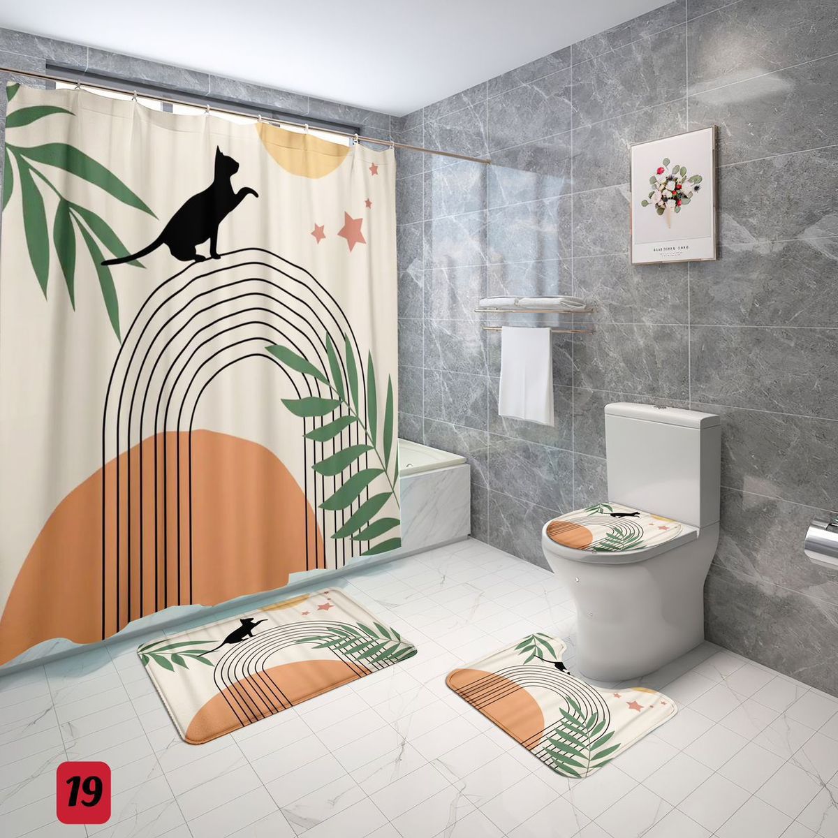 GENERICO - SET de baño COMPLETO 4 piezas CON DISEÑO BEIGE GATITO NEGRO WM